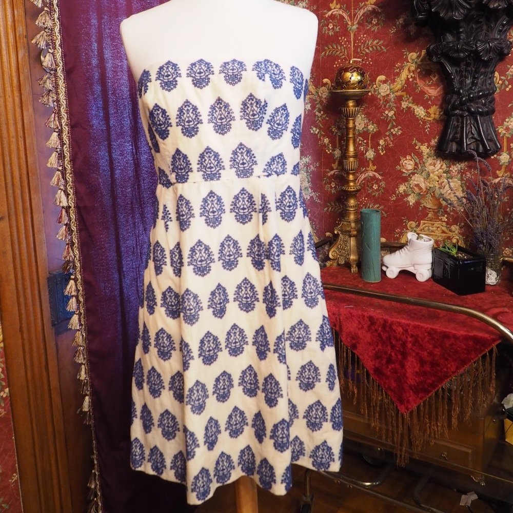 Preppy Strapless White and Navy Embroidered Dress | J Crew